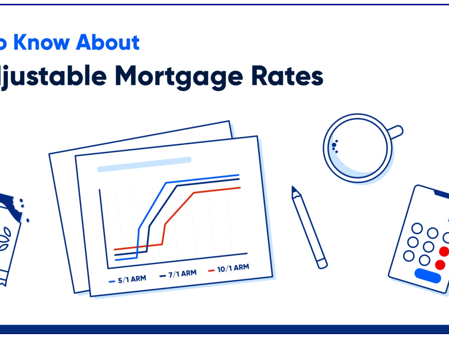 Illustration of adjustable-rate mortgage charts surrounded by various desk items.