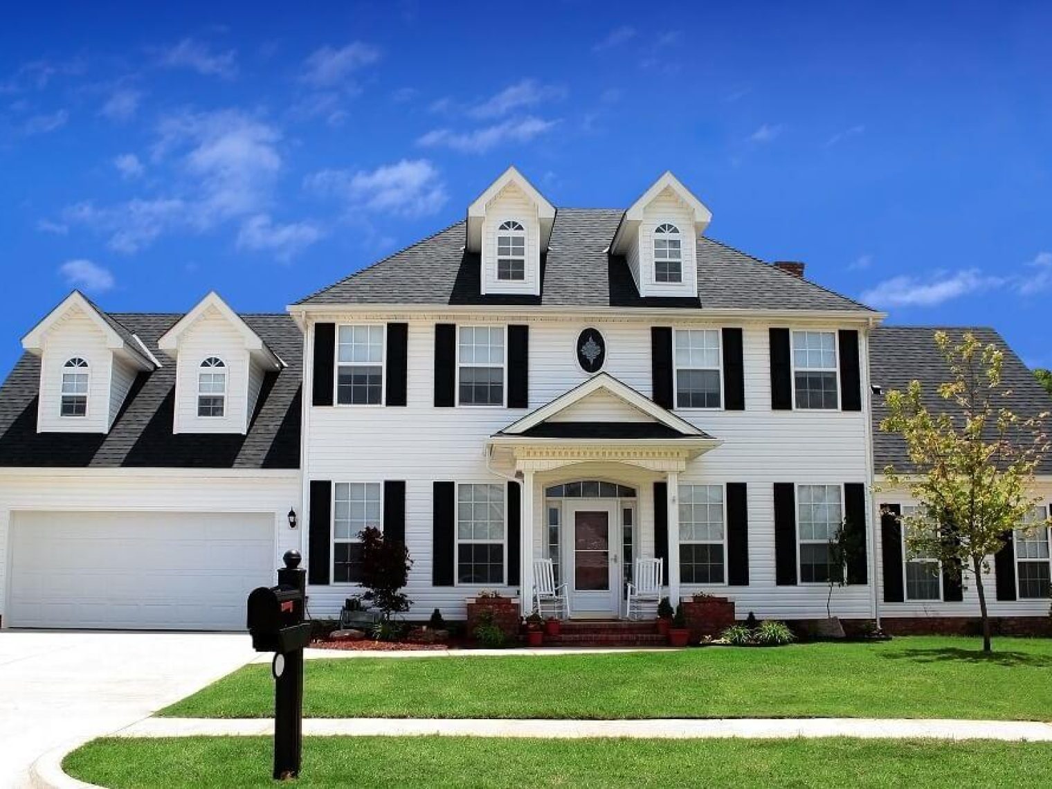 Front view of a large white house.