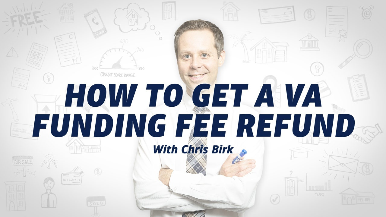 Smiling man in a white shirt and tie with text 'How to Get a VA Funding Fee Refund with Chris Birk' over a white background with financial icons.